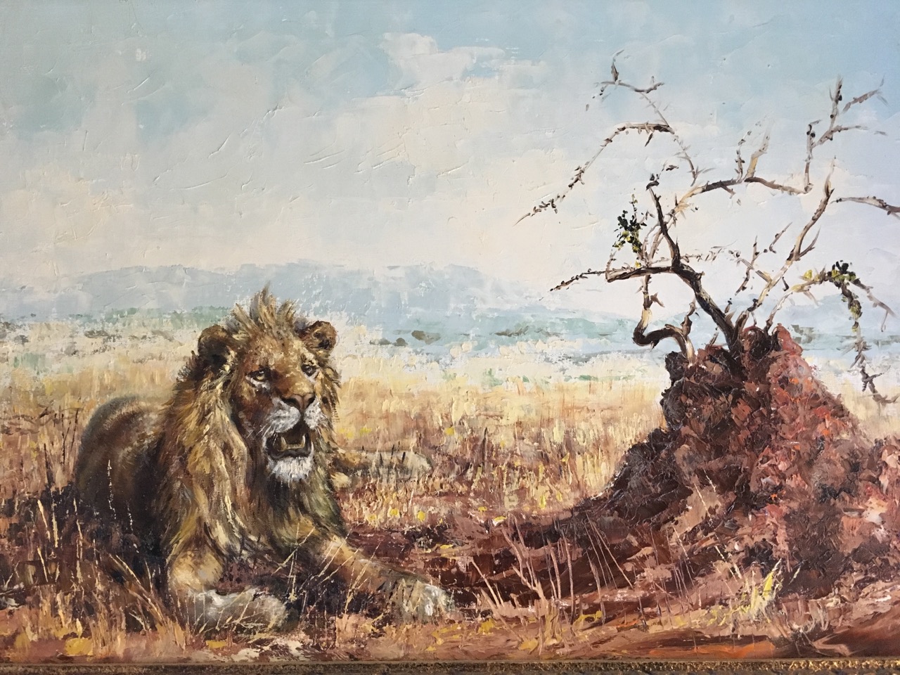 Silvia Duran, oil on canvas, lion in African landscape, signed and dated, titled to verso The - Image 4 of 6