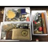 Three boxes of miscellaneous collectors items including a 60s transistor radio, some silver,