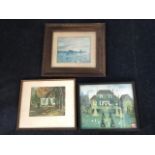 An oak framed naive Michel Delacroix print of a house & garden; a Victorian print of duck shooting