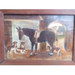 A nineteenth century primitive oil on canvas, stable study of horse and hounds with church through