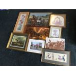A box of framed pictures - tapestries, a tile panel, a copper horse signed Magowan, horses, etc. (
