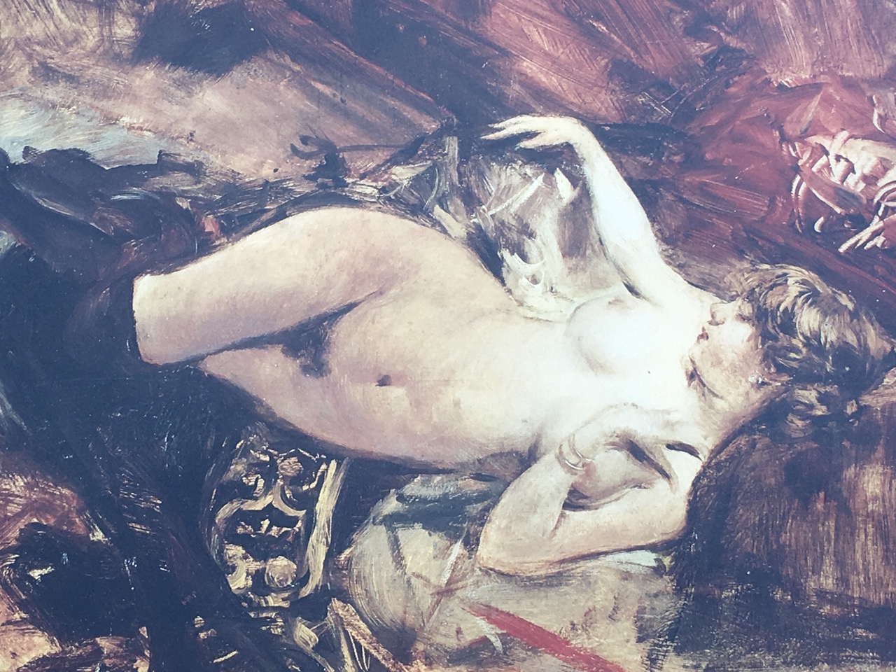 Giovanni Boldini, an oleographic horny nude, titled to verso Nu de Jeune Femme Coucheé Avec bas