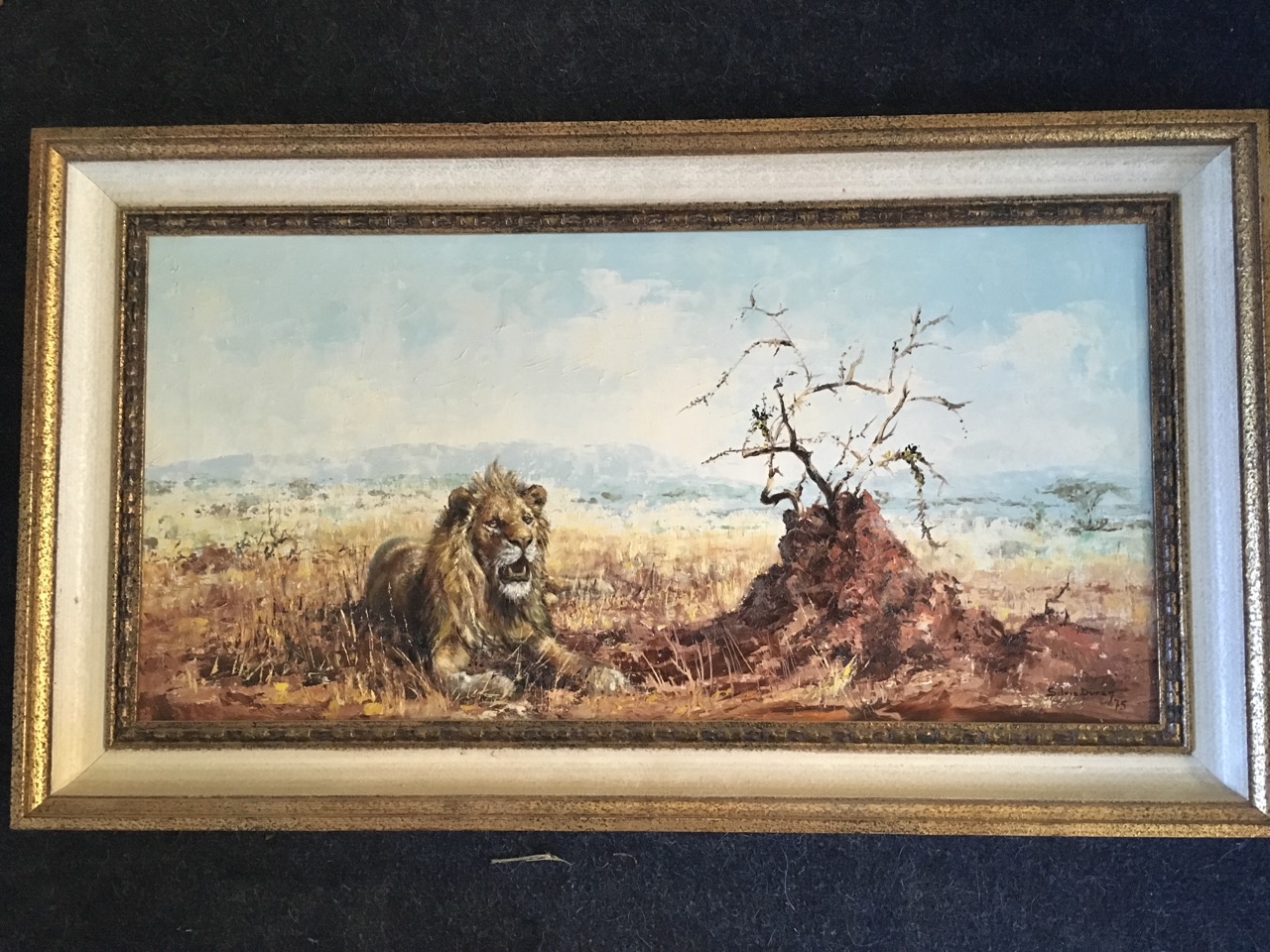 Silvia Duran, oil on canvas, lion in African landscape, signed and dated, titled to verso The - Image 2 of 6