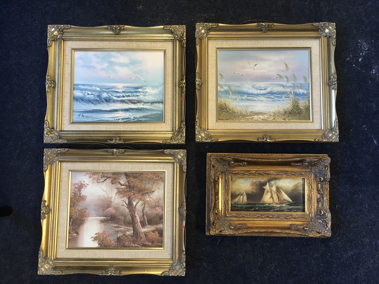 R Flaper, oil on card, two sailing yachts on choppy seas, signed and gilt framed; a pair of gilt - Image 2 of 6