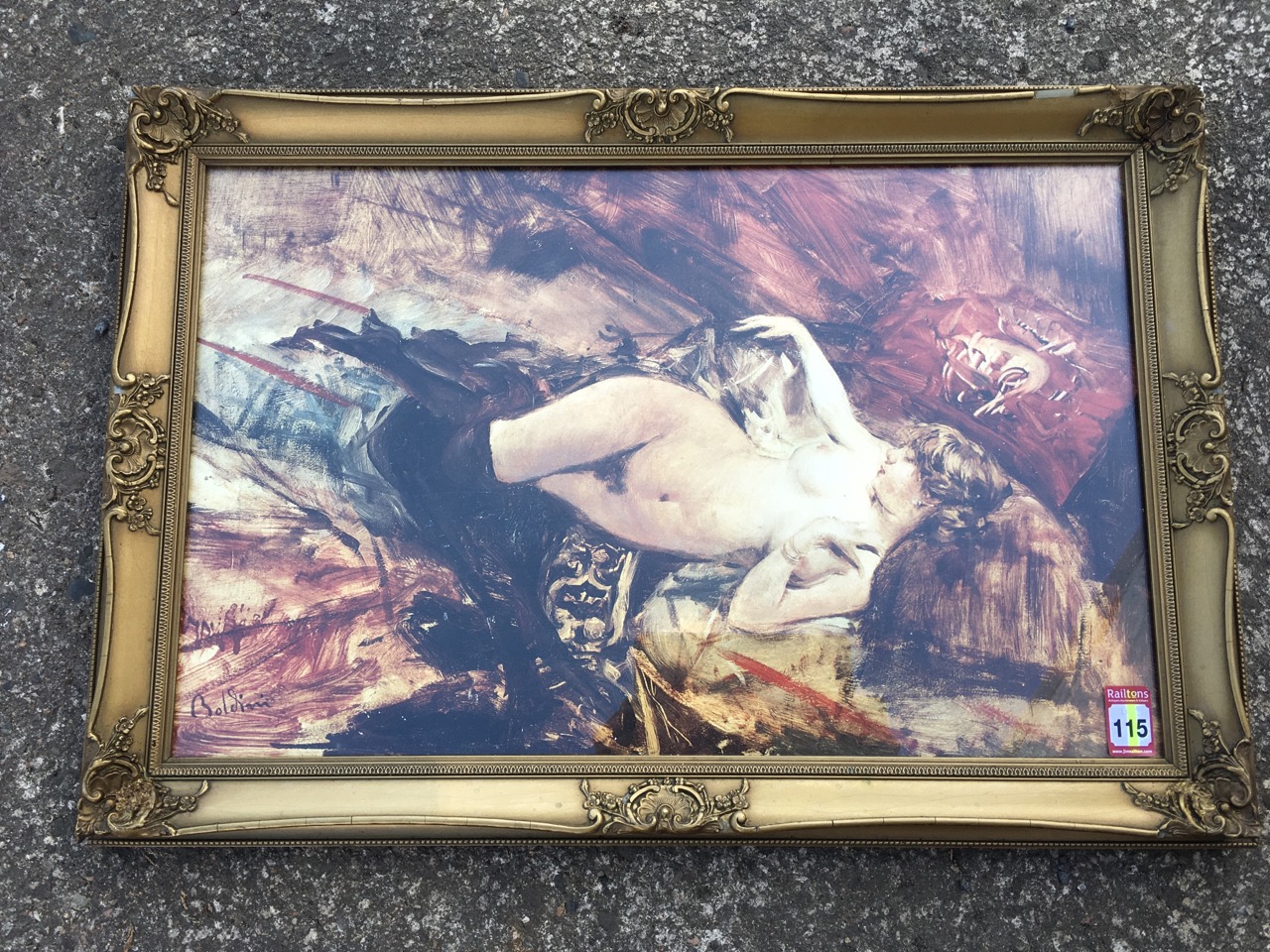 Giovanni Boldini, an oleographic horny nude, titled to verso Nu de Jeune Femme Coucheé Avec bas - Image 4 of 6