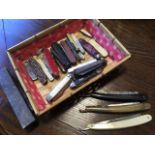 Nineteen penknives - bone, ivory, advertising, Swiss army, horn etc; and three cut-throat razors. (