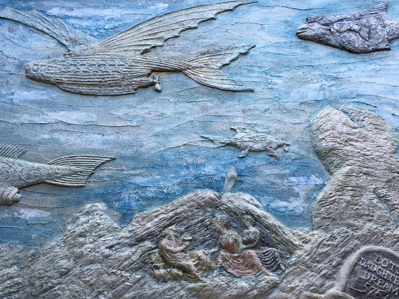 Michail Brunea, relief moulded mixed media, surreal image with flying fish above figures, titled - Image 6 of 6