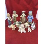 Four Nao Spanish porcelain children figurines; five Nao animal and cherub figures; and a Lladro