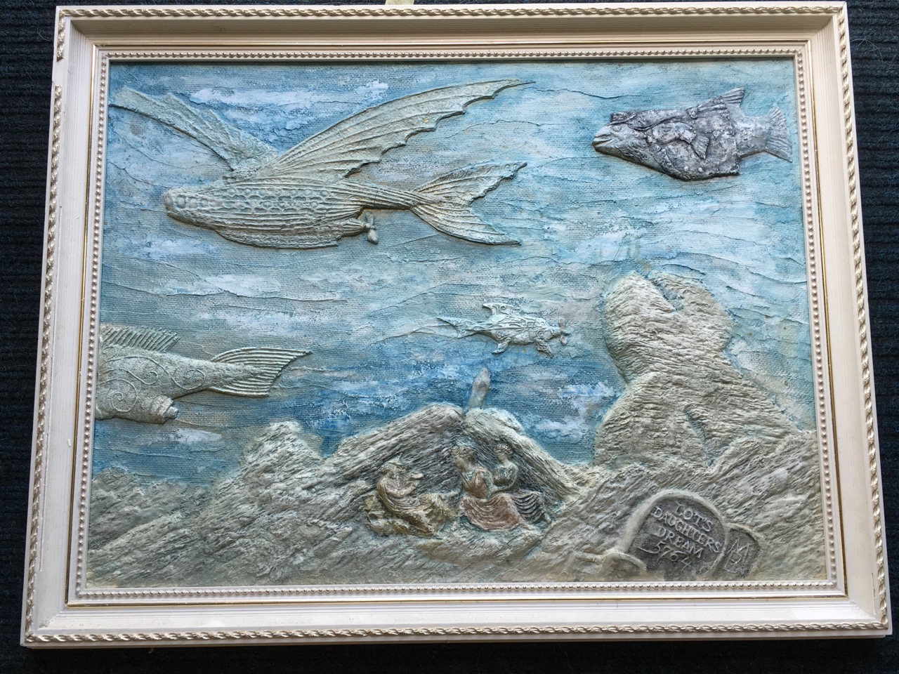 Michail Brunea, relief moulded mixed media, surreal image with flying fish above figures, titled