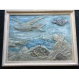 Michail Brunea, relief moulded mixed media, surreal image with flying fish above figures, titled