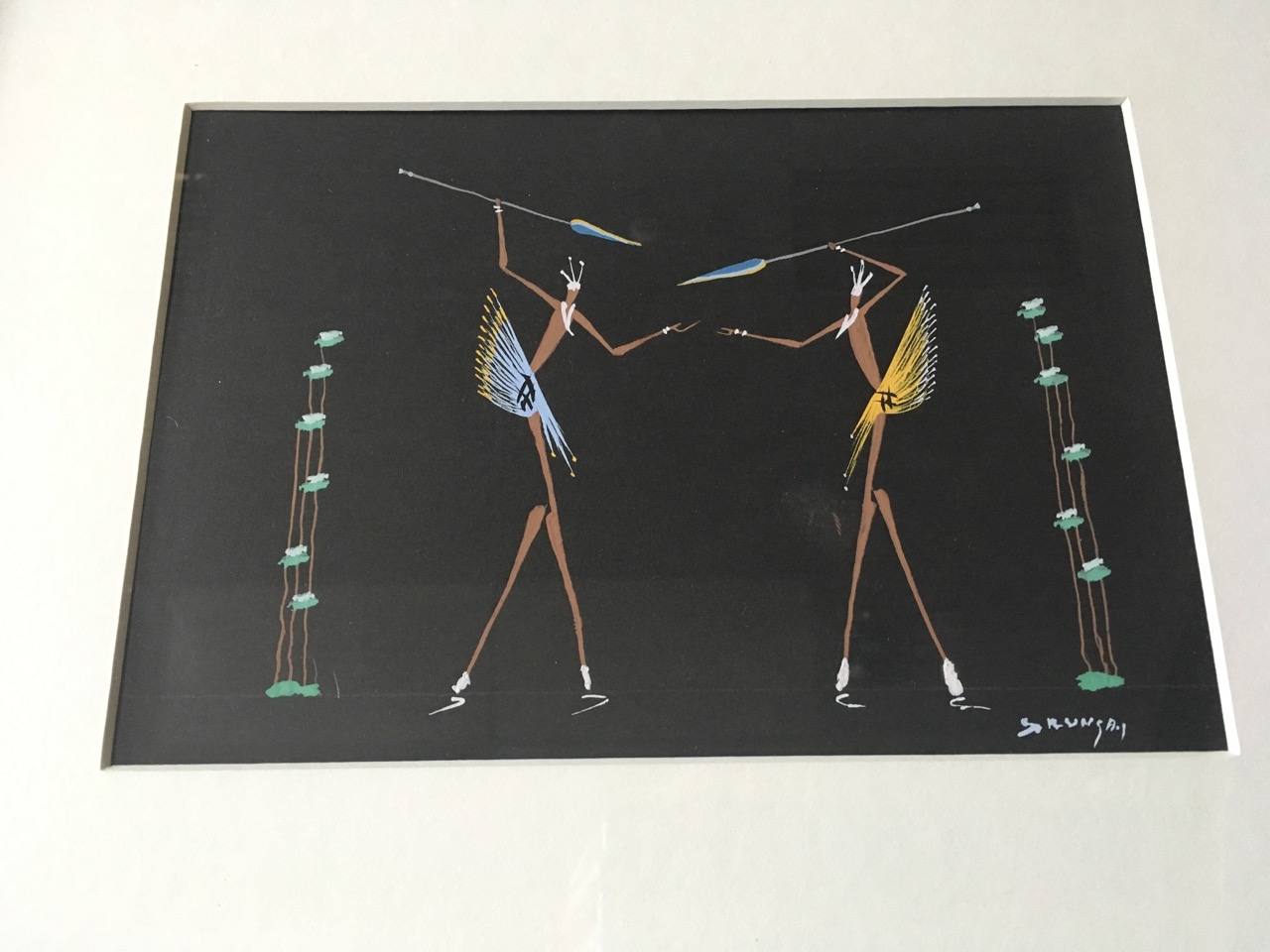 Oil on black paper, a pair, Congolese school tribal studies of figures with spears, signed A - Image 4 of 6