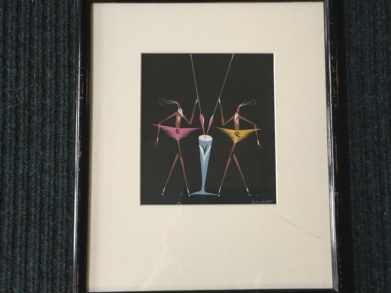 Oil on black paper, a pair, Congolese school tribal studies of figures with spears, signed A - Image 5 of 6