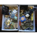 A box of miscellaneous medals, badges, coins, medallions, some enamelled, etc; and another box