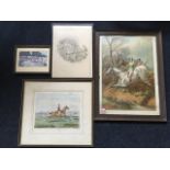 A hogarth framed handcoloured hunting print after Alken titled Going for Cover; a framed Cuneo