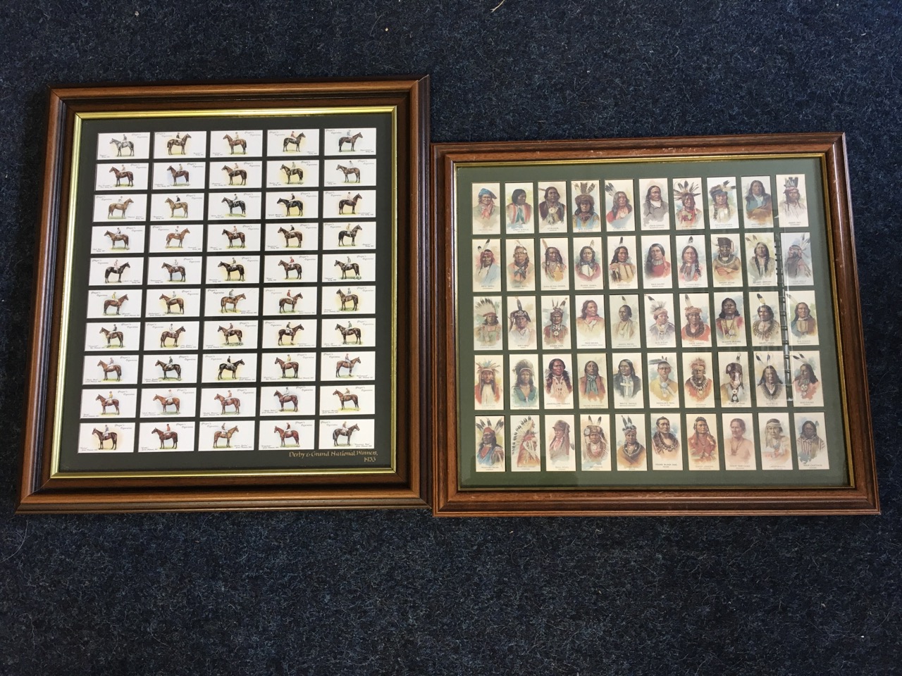 Two framed sets of 50 Players cigarette cards, Derby & Grand National winners and Red Indian chiefs,