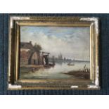 Oil on board, lake landscape with figure by cottage steps, boat and distant windmill, signed