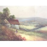 Oil on board, landscape with cottage and figure, signed indistinctly, mounted & gilt framed. (18in x