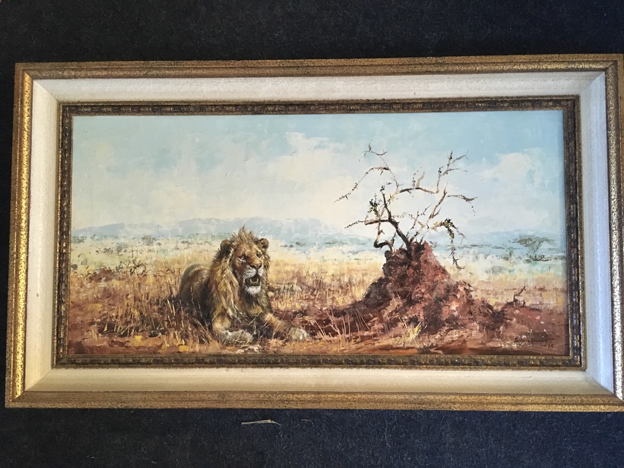 Silvia Duran, oil on canvas, lion in African landscape, signed and dated, titled to verso The