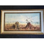 Silvia Duran, oil on canvas, lion in African landscape, signed and dated, titled to verso The