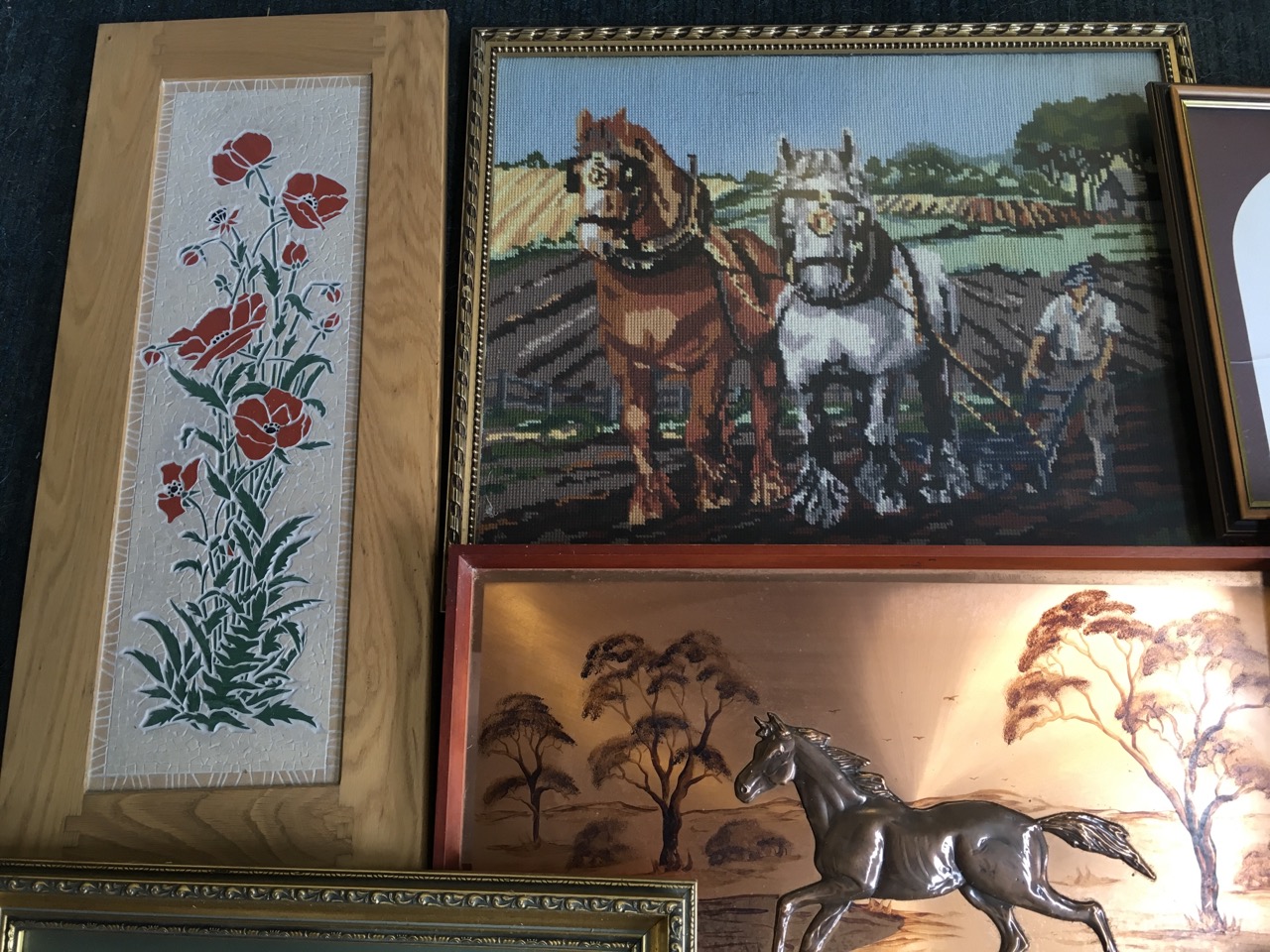 A box of framed pictures - tapestries, a tile panel, a copper horse signed Magowan, horses, etc. ( - Image 3 of 6