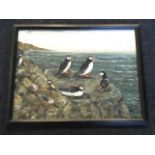 Assunta, oil on board, coastal view with puffins on rocks, signed and framed, with title to verso