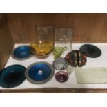 Miscellaneous glass including two early coloured plates with rolled rims, an amber coloured bowl,