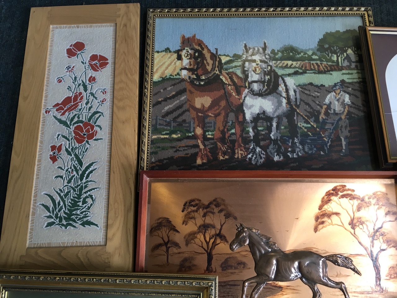 A box of framed pictures - tapestries, a tile panel, a copper horse signed Magowan, horses, etc. ( - Image 4 of 6