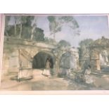 Russel Flint, a coloured print with two figures by arched stone building, with embossed blind