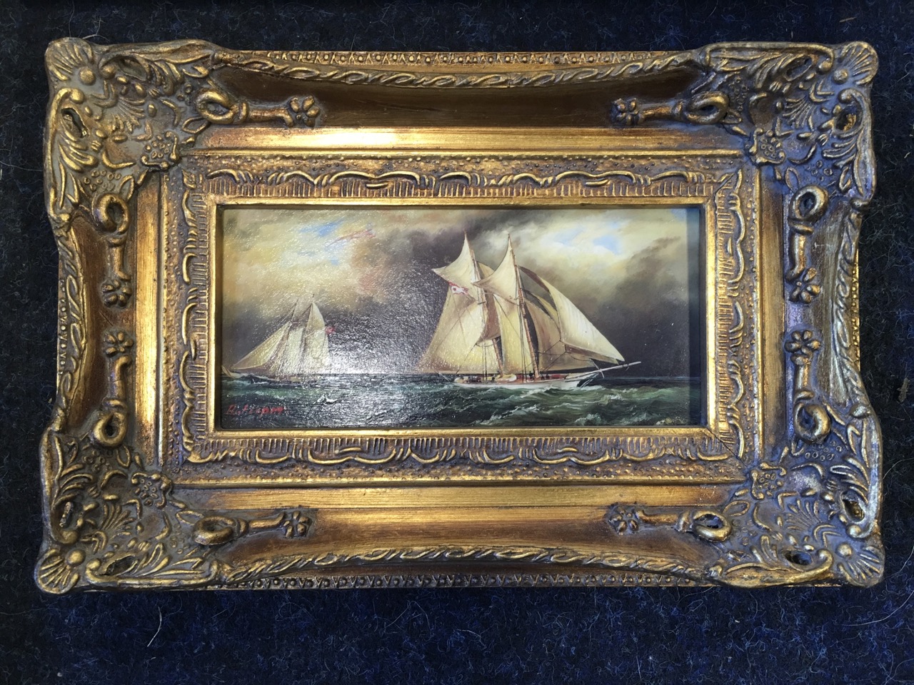 R Flaper, oil on card, two sailing yachts on choppy seas, signed and gilt framed; a pair of gilt - Image 4 of 6