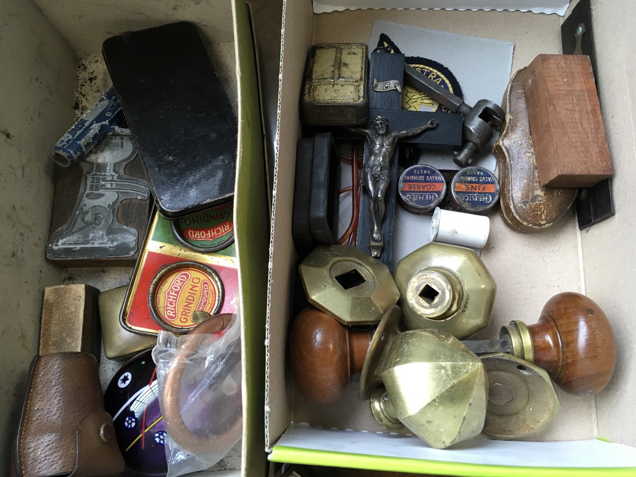 A tin deed box and two shoe boxes containing miscellaneous items including watercolour paint sets, a - Image 3 of 3