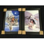 A pair of modern three dimensional North American Indian pictures with wolves, snowy owl, stags