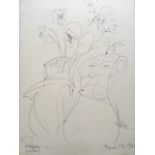 Arnold Daghani, ink, surreal figural flowers and two vases, signed and dated 1961, laid down and