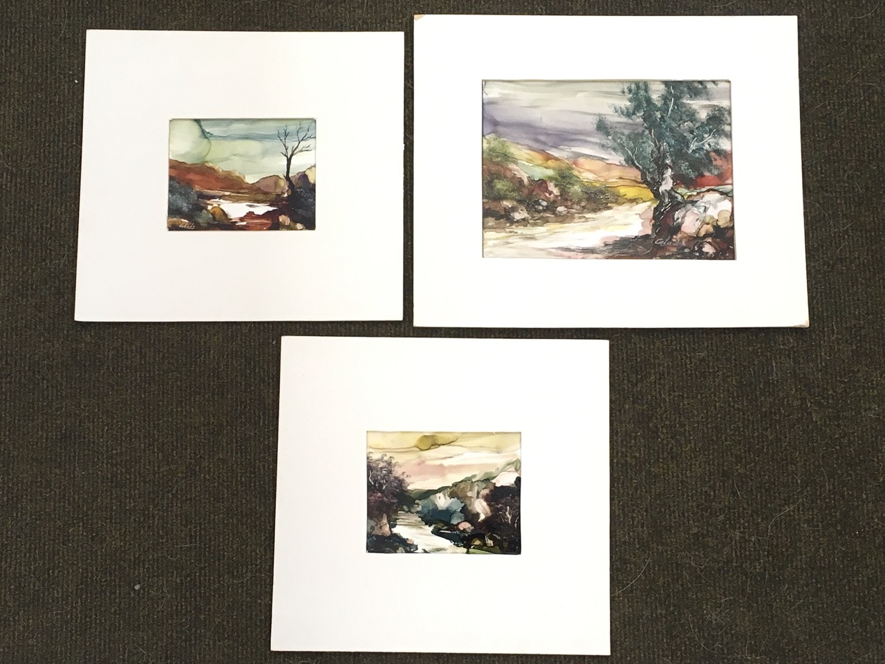 Calado, oil on formica panels, three landscapes, signed and mounted. (3)