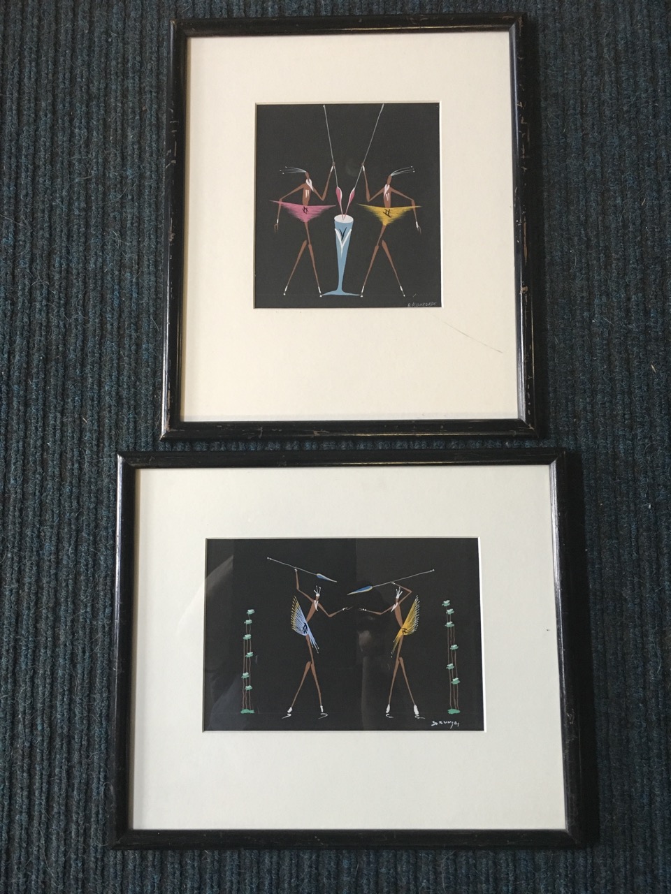 Oil on black paper, a pair, Congolese school tribal studies of figures with spears, signed A - Image 2 of 6