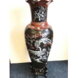 A large Japanese vase on stand, with waved rim on tubular neck above tapering body, inlaid shabiyama