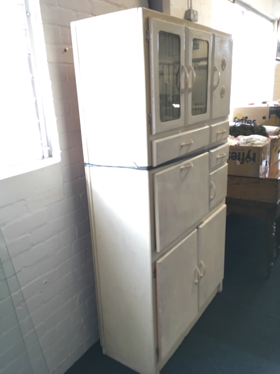 A painted 1960s kitchen cabinet, with acid etched glazed doors, drawers, cupboards, a baize lined - Image 3 of 6