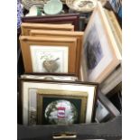 A box of frames and prints - a set of three pine framed bird prints, signed photographs, a Fred