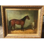 Harry Hall, oil on canvas, nineteenth century bay hunter in stable with rug initialled JG, signed