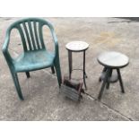 A circular telescopic rise & fall wood stool; a folding slatted square wood stool; a circular