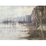 An Edwardian watercolour, quayside with boats and buildings, signed indistinctly, laid down on a