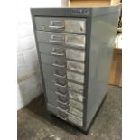 A Bisley cabinet of ten small drawers, each with chrome tubular handle and label holder.