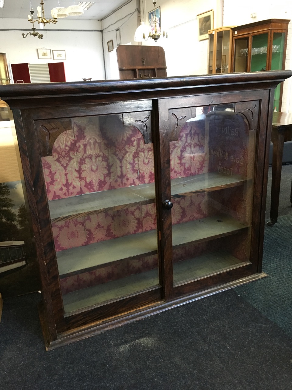 A Victorian glazed cupboard with scumbled decoration, having moulded cornice above a pair of sliding - Image 2 of 6