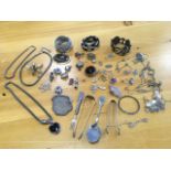 Miscellaneous hallmarked silver and silver plated jewellery including pendants, brooches, antique