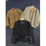 A gentlemans highland dress formal wool jacket with plaited epaulettes; a tweed shooting jacket with