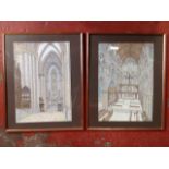 J Knaggs, pen and watercolour, two church interiors, signed, laid down and framed. (2)