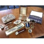 Miscellaneous silver plate including a bead moulded rectangular tureen & cover, a ladle, vases, a
