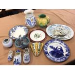 Miscellaneous ceramics including a Poole vase, a Carlton Ware jug, Dutch clogs, an Italian basket