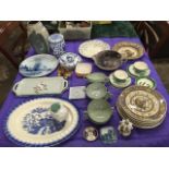 Miscellaneous ceramics including studio pottery, a set of six Wedgwood soup bowls, a Poole shell,