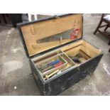 A JW Timpson pine cabinetmakers toolbox with brass mounts, having interior tray and a quantity of