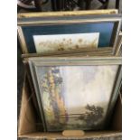 A box of pictures & prints - frames, landscapes, pressed flowers, still lives, needlework, etc. (